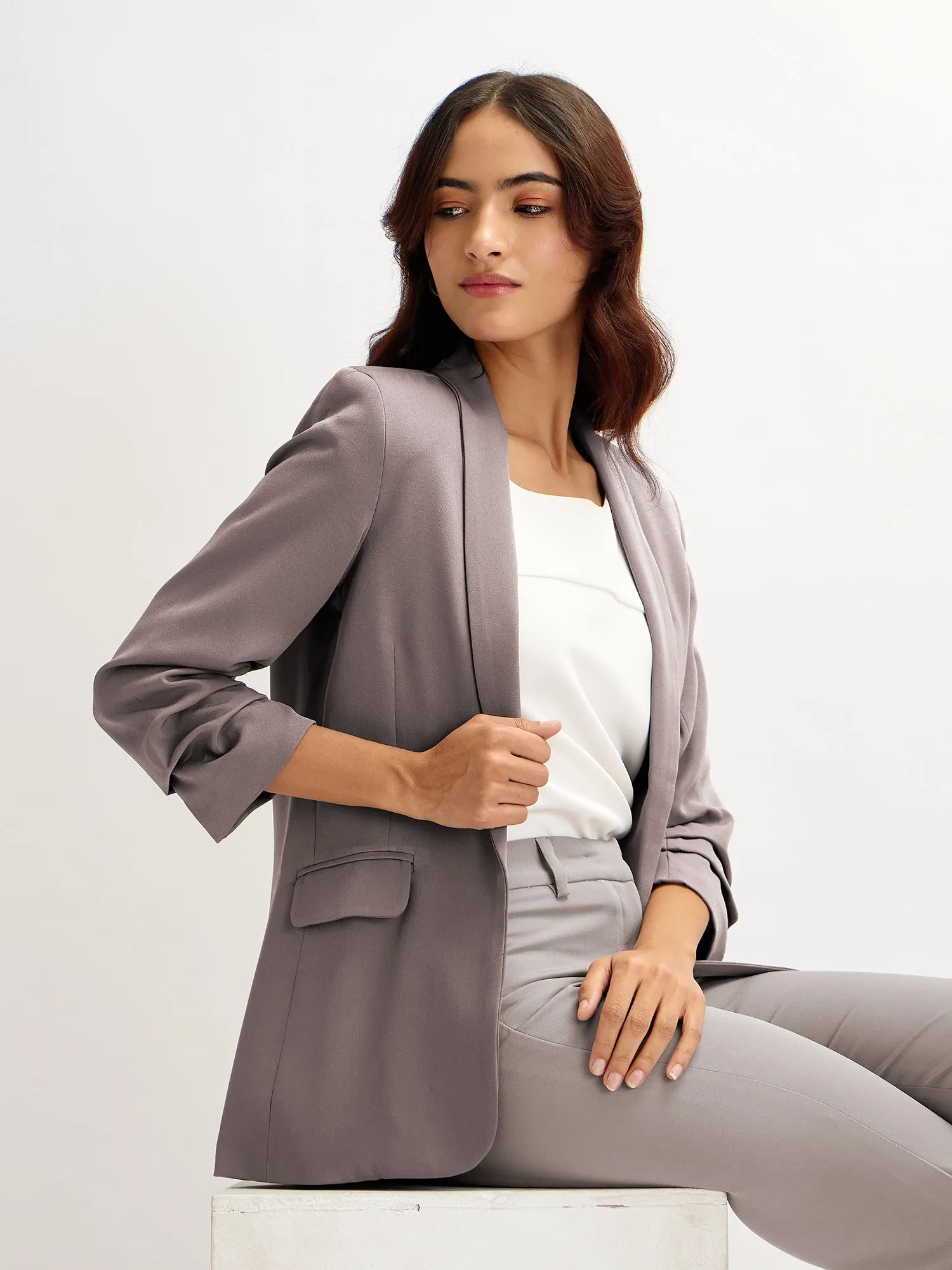 Spunky-Umber Grey Ruched Sleeve Blazer - Umber Grey sold by Salt Attire product image thumbnail 5