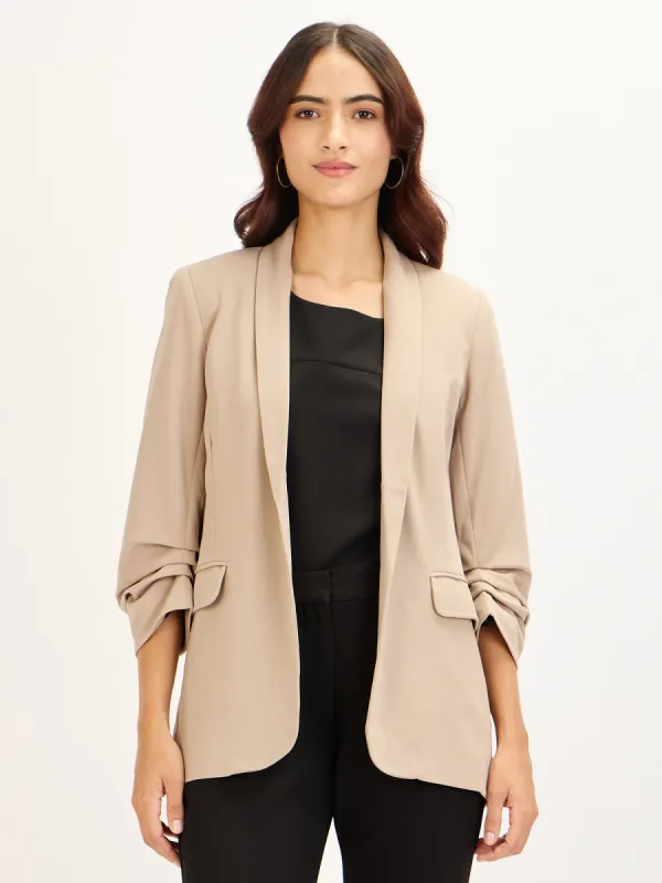 Spunky-Oat Beige Ruched Sleeve Blazer - Beige sold by Salt Attire