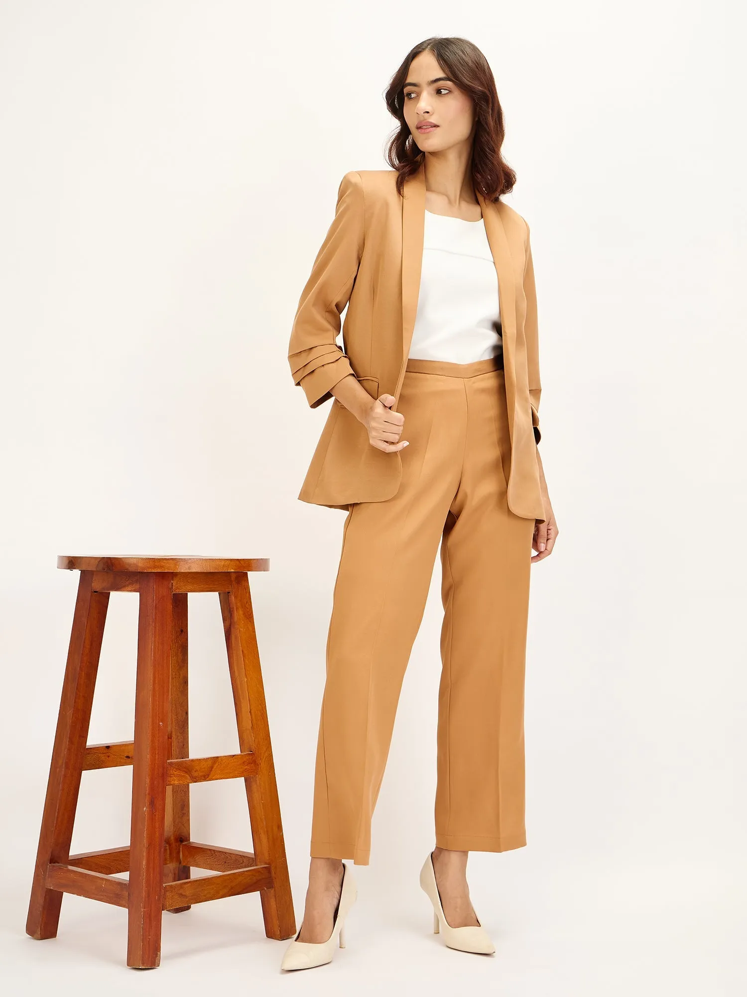 Spunky-Biscuit Brown Ruched Sleeve Blazer - Biscuit Brown sold by Salt Attire product image thumbnail 4