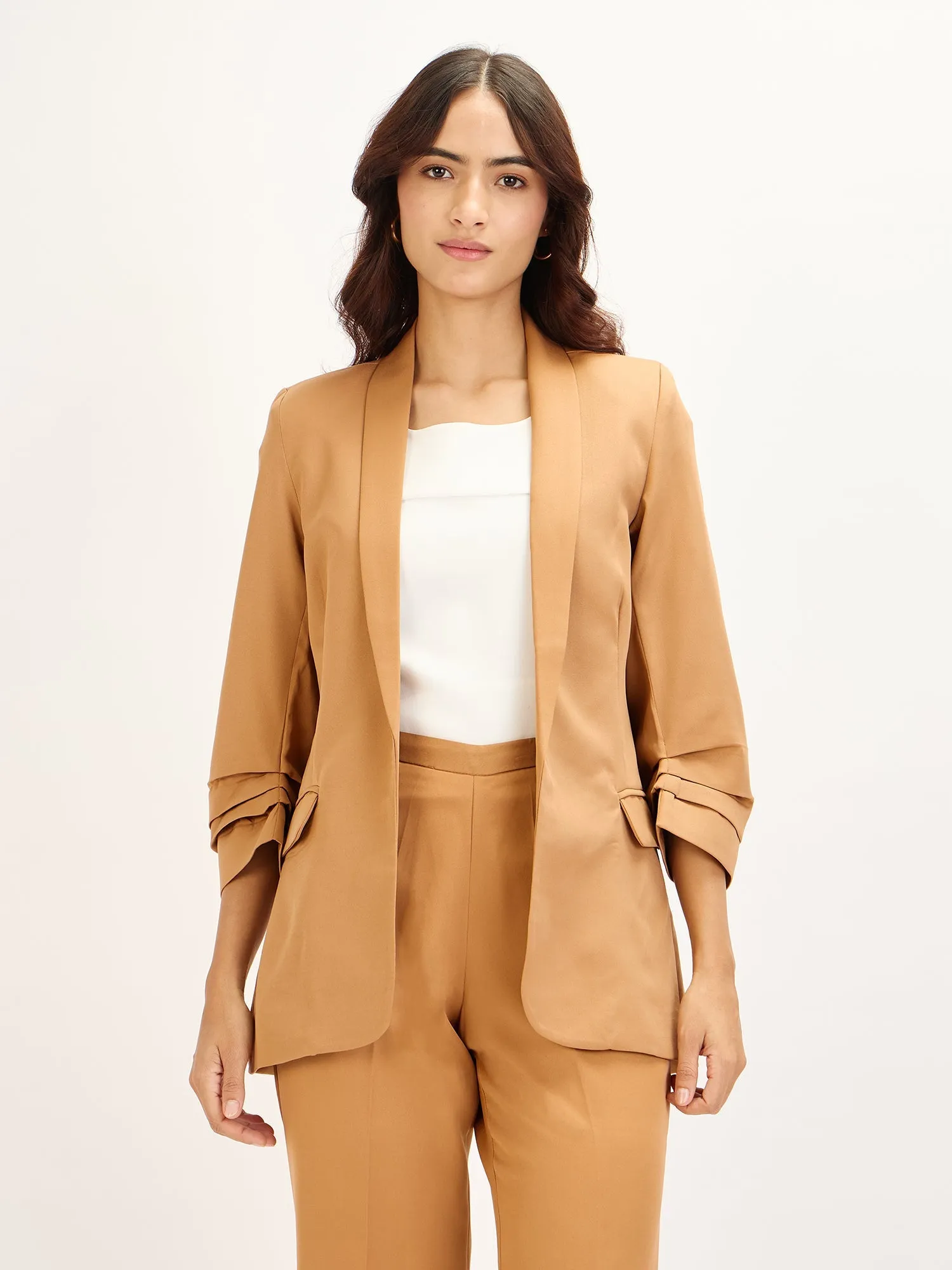 Spunky-Biscuit Brown Ruched Sleeve Blazer - Biscuit Brown sold by Salt Attire