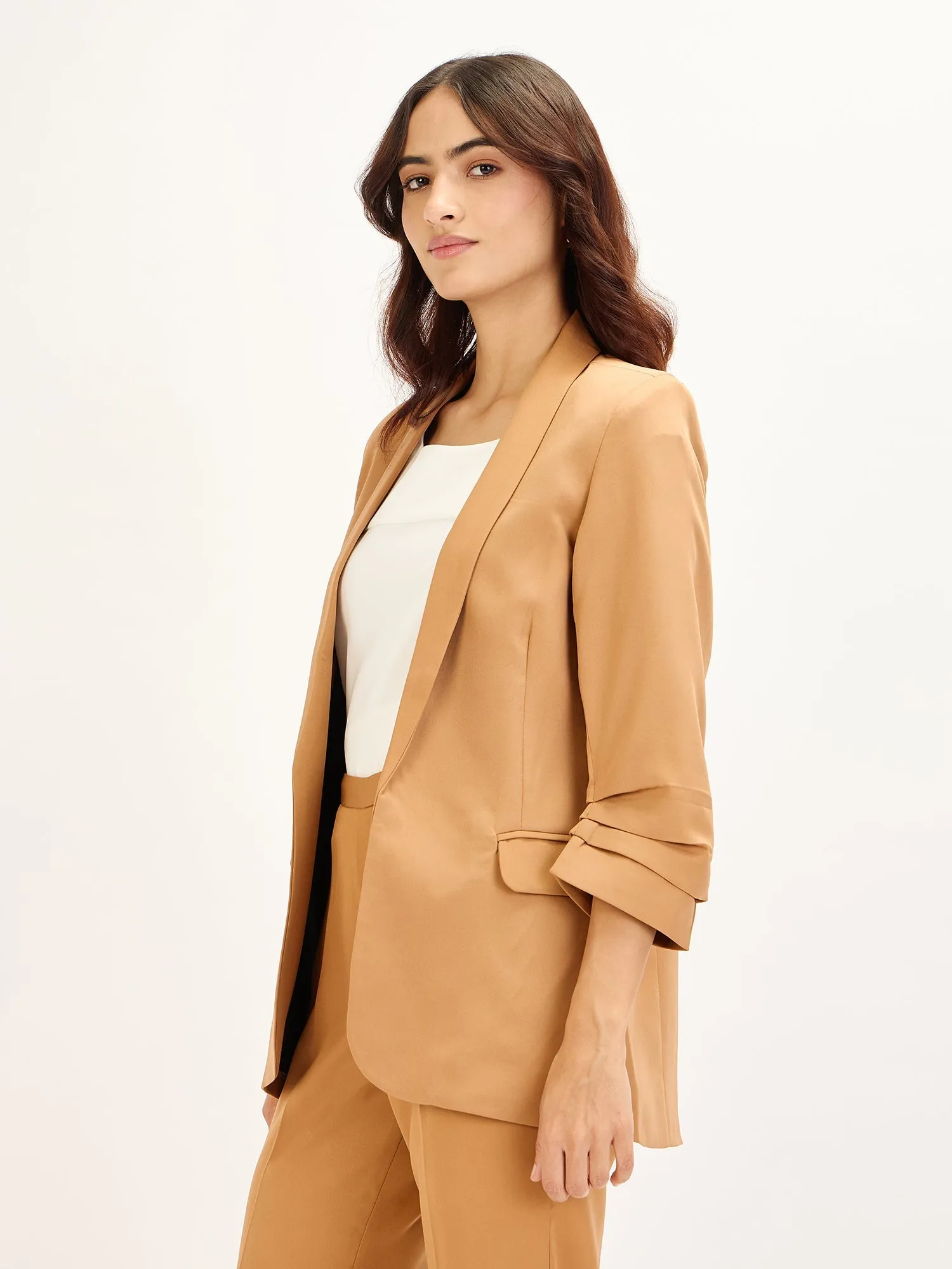 Spunky-Biscuit Brown Ruched Sleeve Blazer - Biscuit Brown sold by Salt Attire product image thumbnail 2
