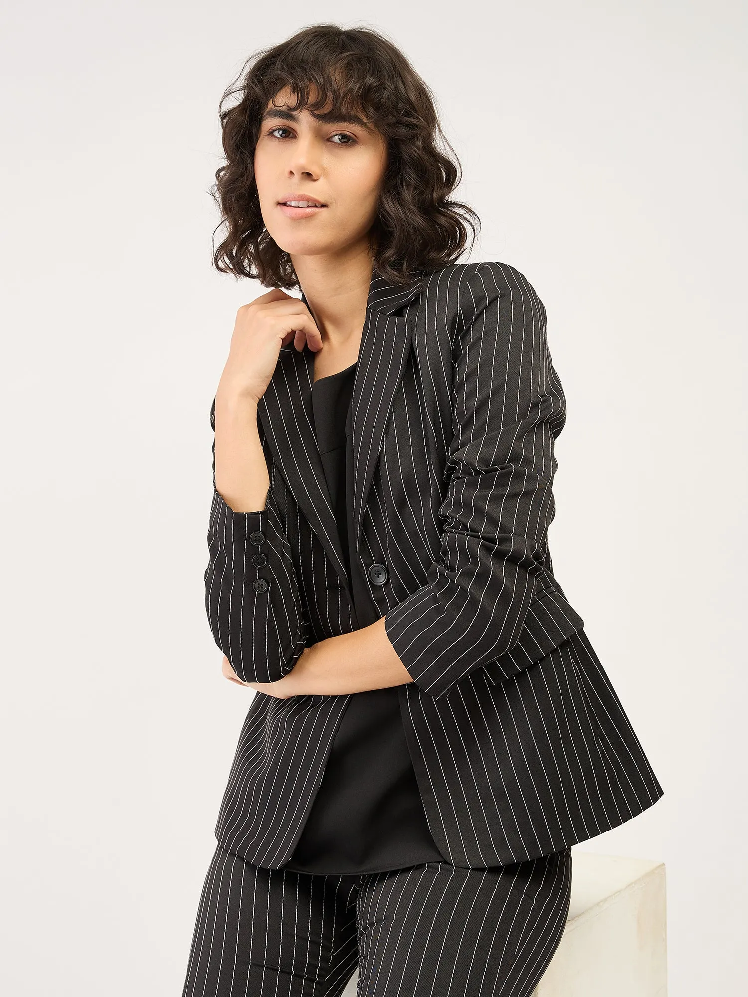 Sincere-Black Stripes Striped Single Breasted Blazer - Black & White sold by Salt Attire