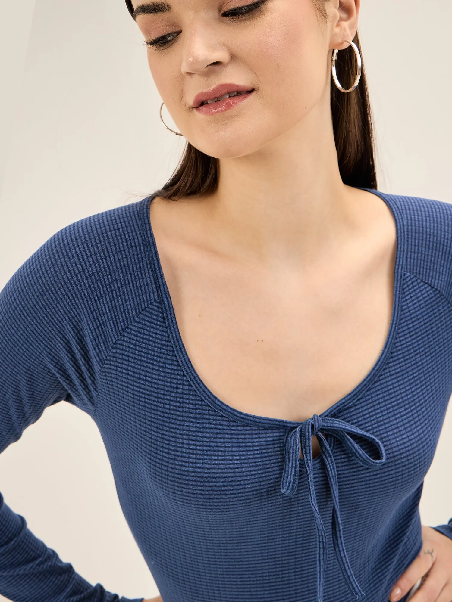 Kira Faux Tie Up Rib Knit Top - Blue sold by Salt Attire product image thumbnail 5