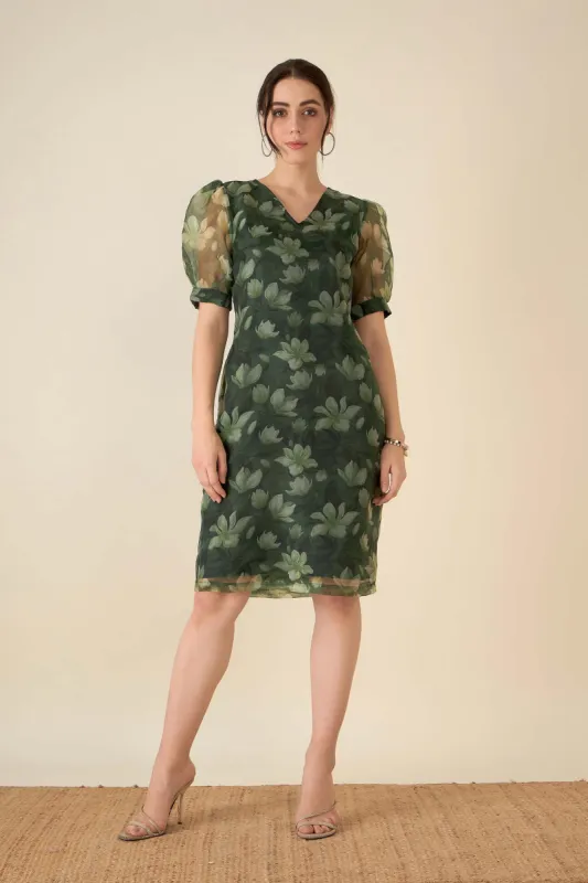 Kaamini Floral Balloon Sleeves Shift Dress - Green & White sold by Salt Attire