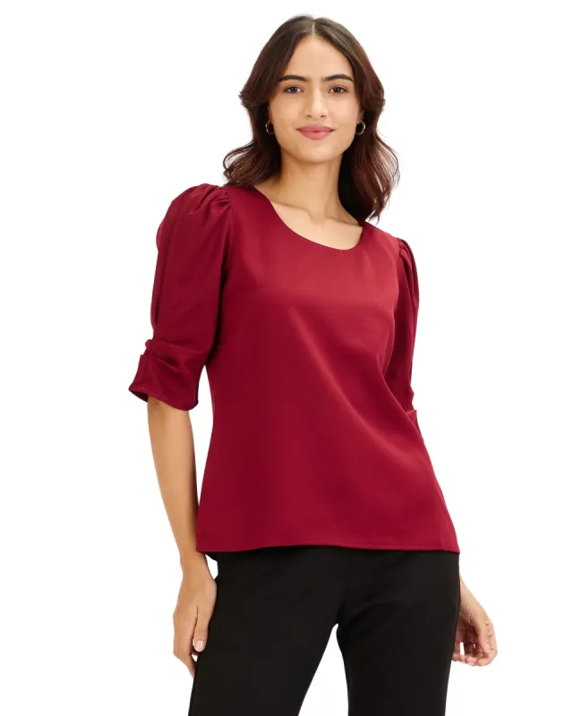 Jaunty-Maroon Puffed Sleeves Top - Maroon sold by Salt Attire