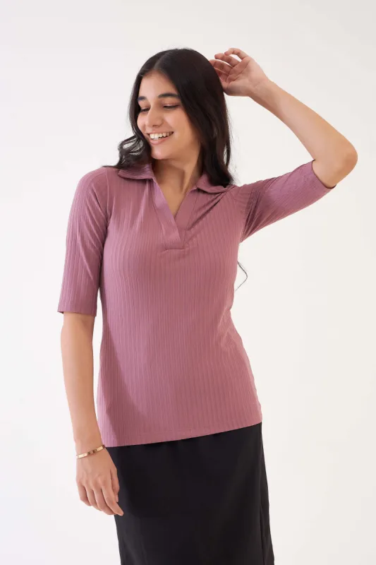 Woody Collared Rib Knit Top - Dusty Pink sold by Salt Attire