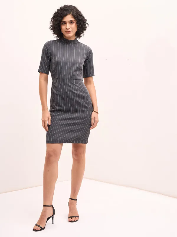 Steel High Neck Sheath Dress - Grey/White sold by Salt Attire
