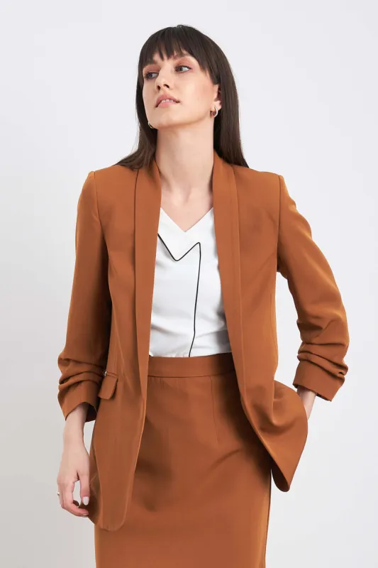 Spunky Ruched sleeve blazer - Tan Brown sold by Salt Attire