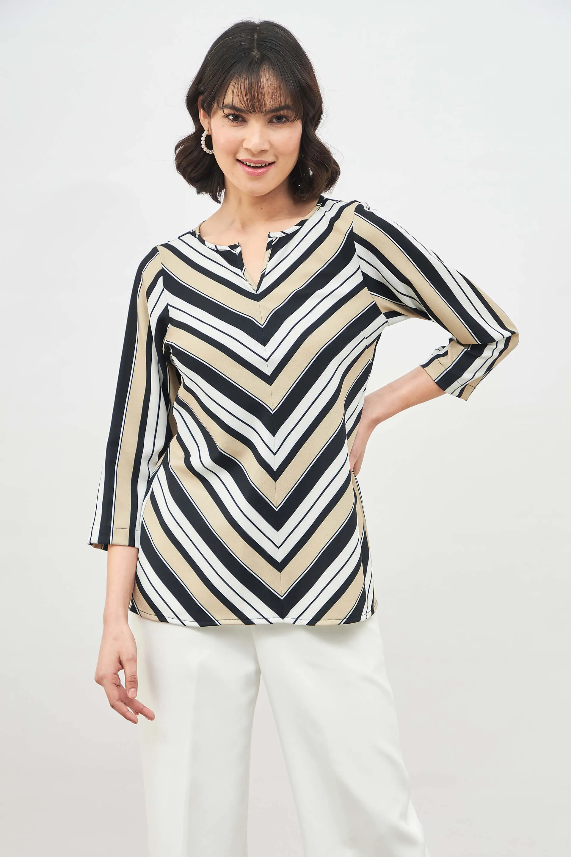 Savvy Top Striped Split Neckline Top - Multicolor sold by Salt Attire