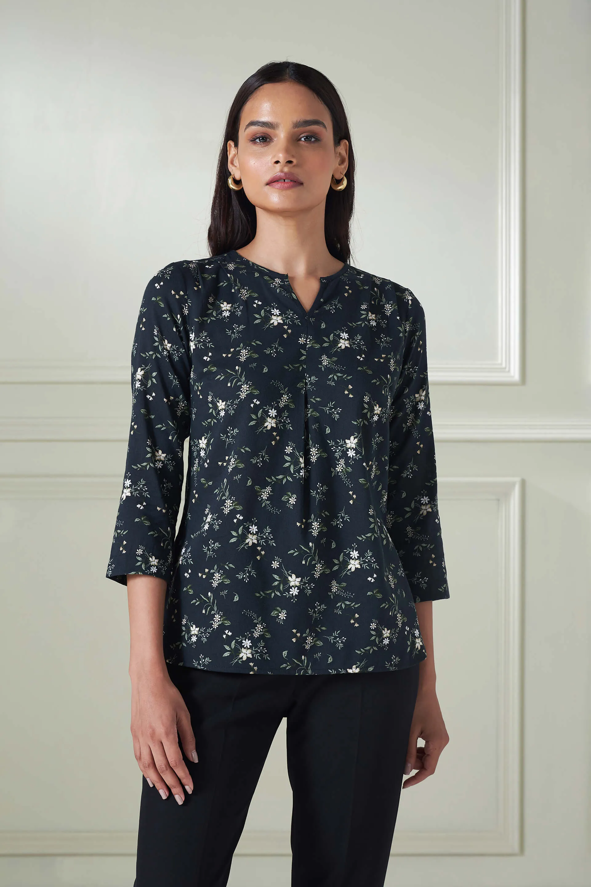 Jasper Floral High-Low Pleated Top - Black sold by Salt Attire