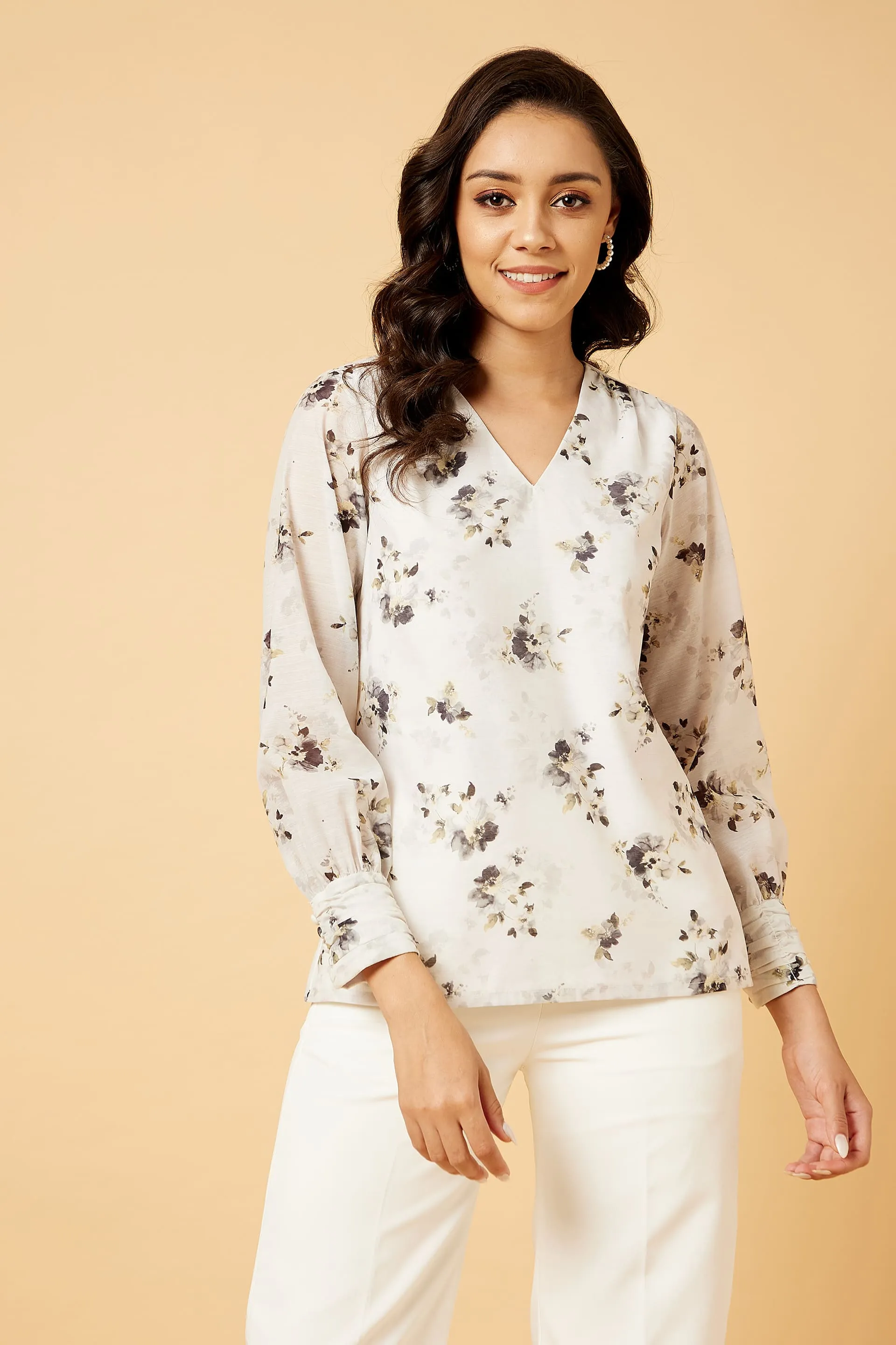 Gulbahaar Floral Ruched Cuff Top - Off-White sold by Salt Attire