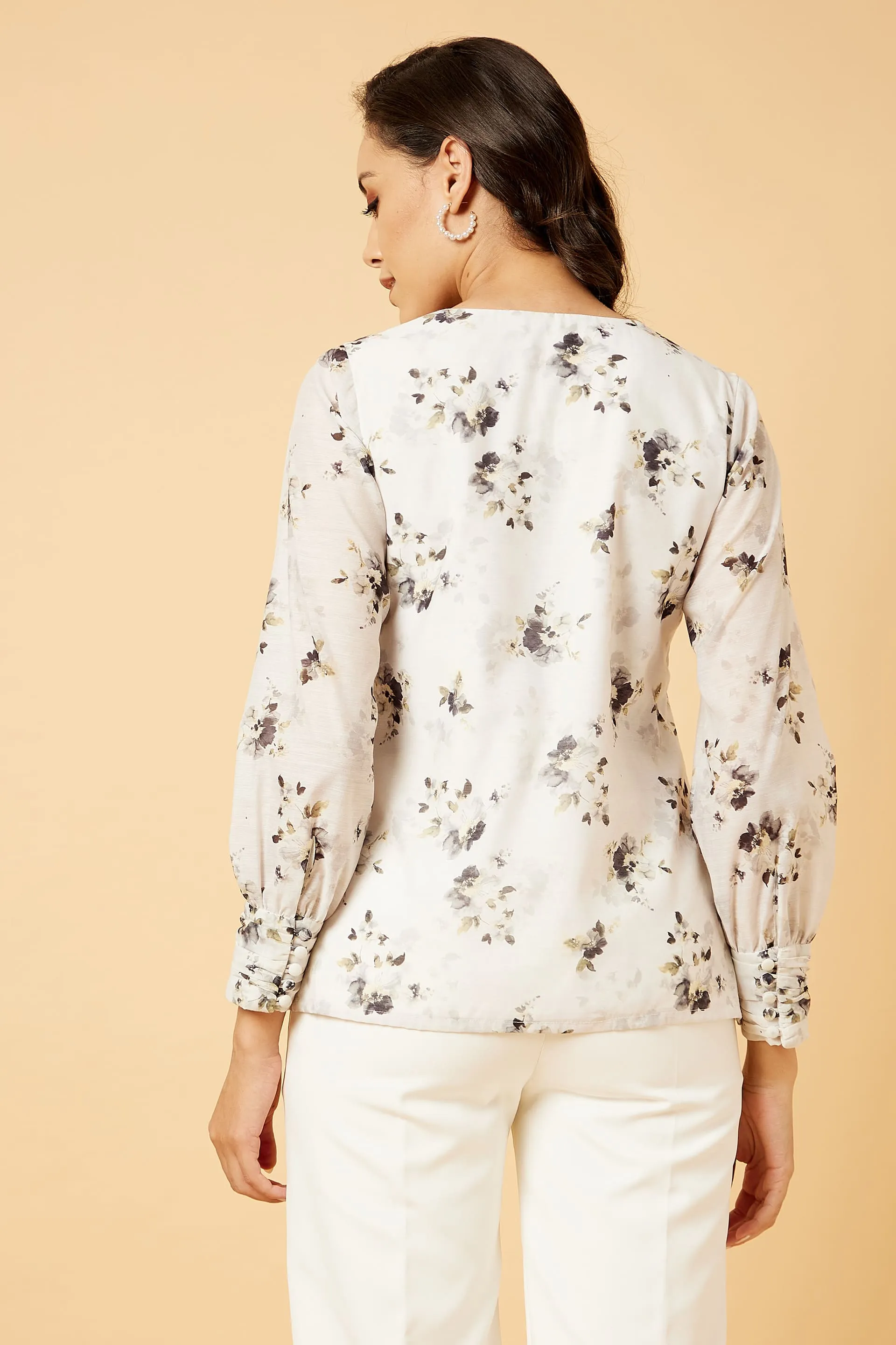 Gulbahaar Floral Ruched Cuff Top - Off-White sold by Salt Attire product image thumbnail 3
