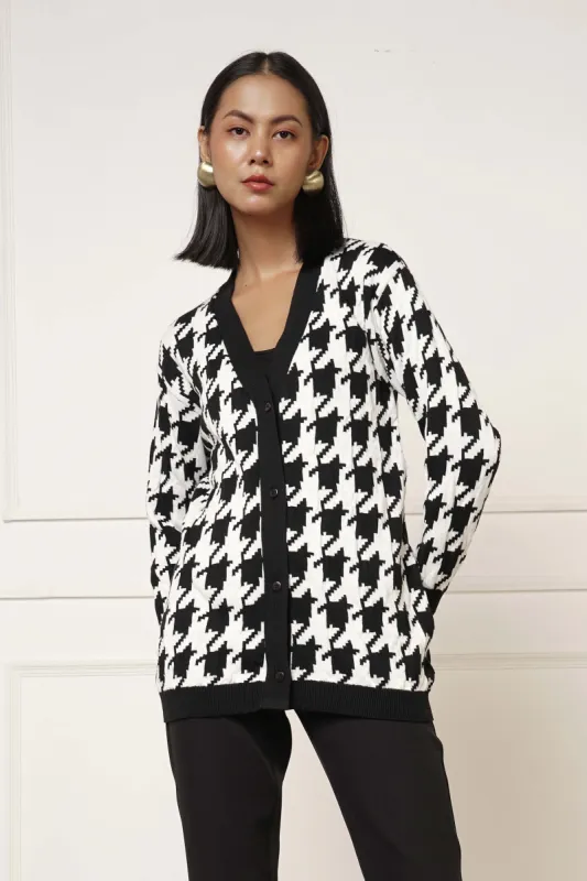 Bergen Houndstooth Knit Cardigan - Black &/White sold by Salt Attire