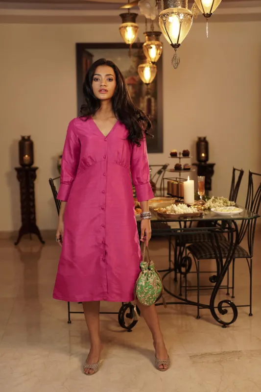 Anaari Button Down Dress - Bright Pink sold by Salt Attire