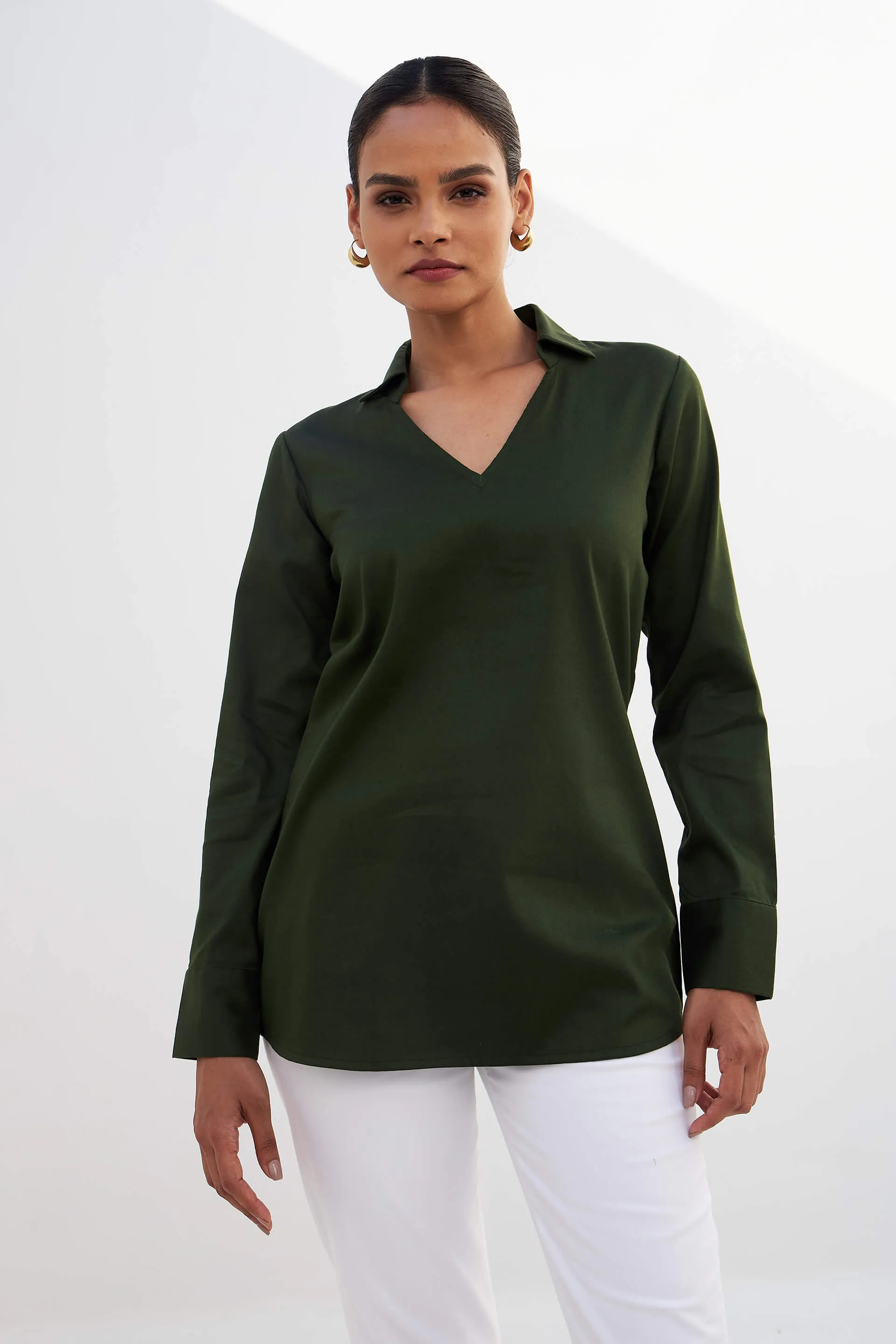 Allure Collared Long Top - Olive sold by Salt Attire