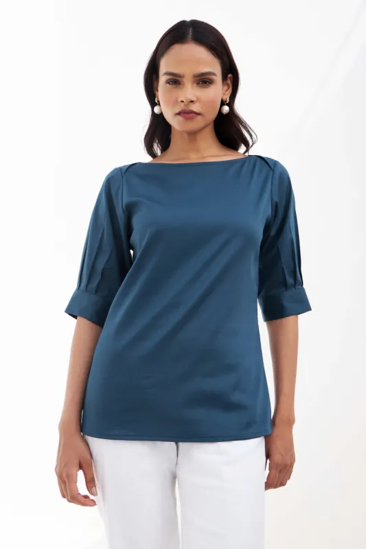 Zadar Pleated Sleeve Top - Teal sold by Salt Attire