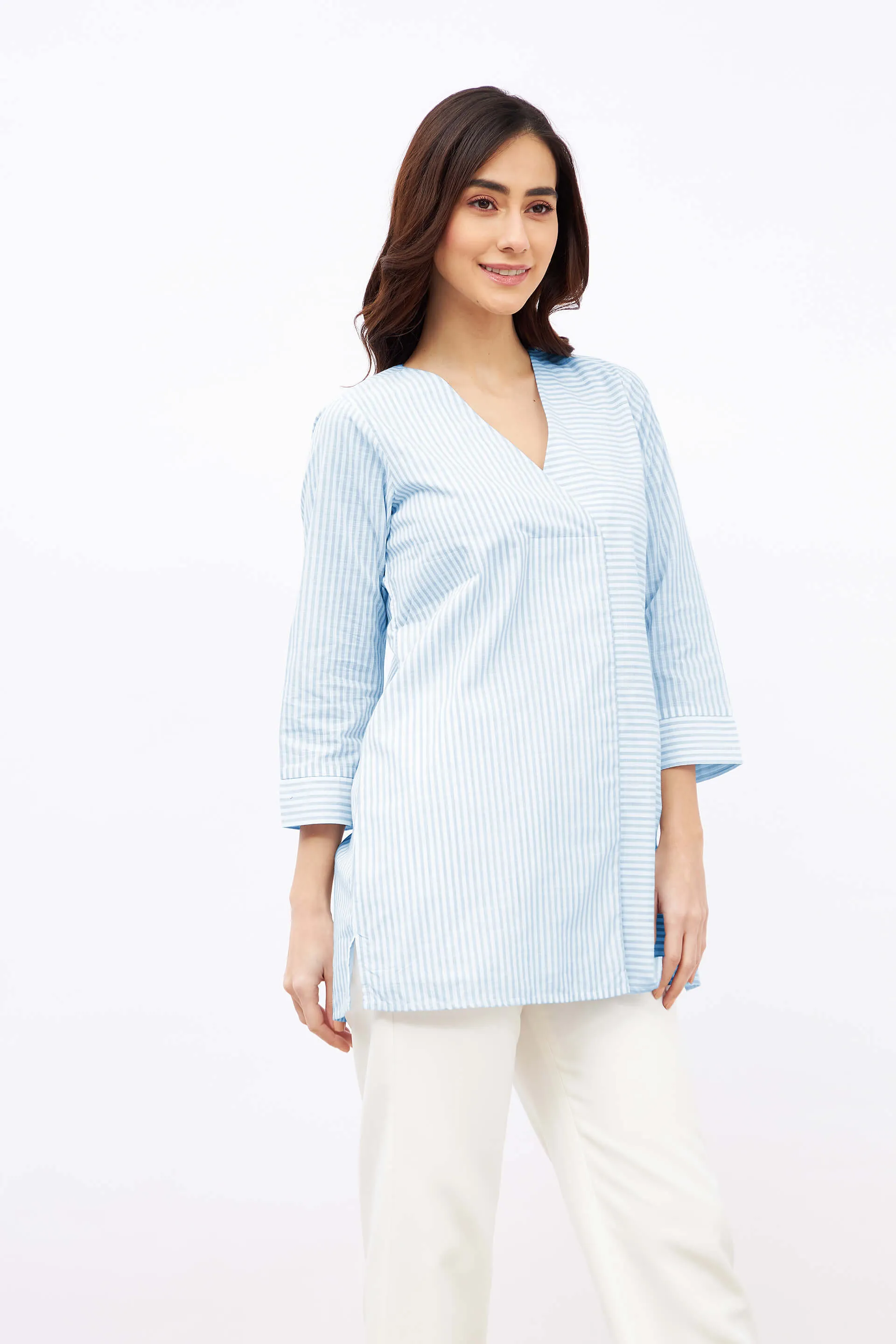 Windsurf V-Neck Stripe Placement Tunic - Blue & White sold by Salt Attire product image thumbnail 2