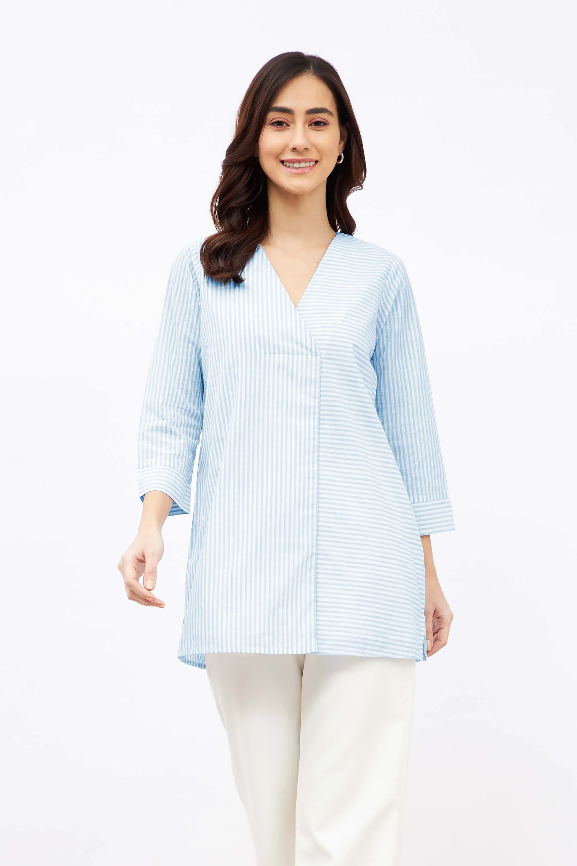 Windsurf V-Neck Stripe Placement Tunic - Blue & White sold by Salt Attire