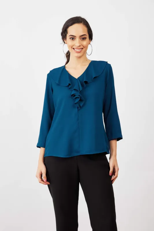 Midnight Kiss Ruffled Neckline Top - Teal sold by Salt Attire