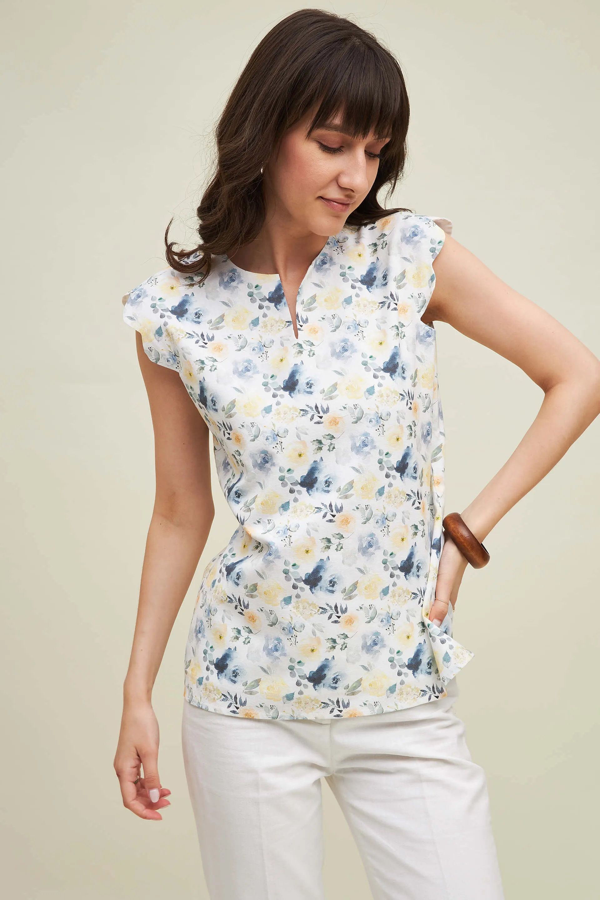 Malta Floral Scallop Sleeves Top - Multicolor sold by Salt Attire