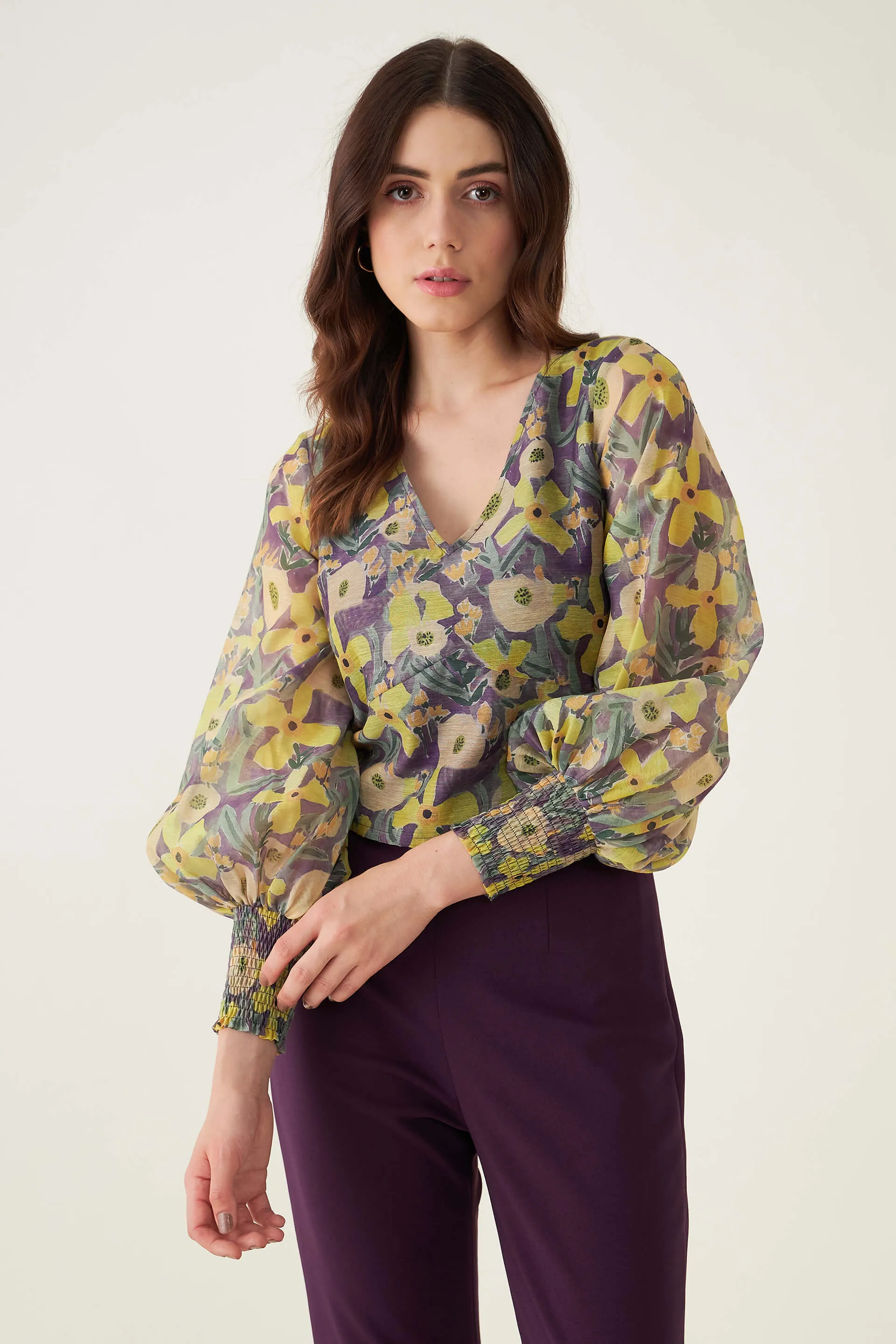 Jessamine Floral Spliced Top - Yellow/Purple sold by Salt Attire