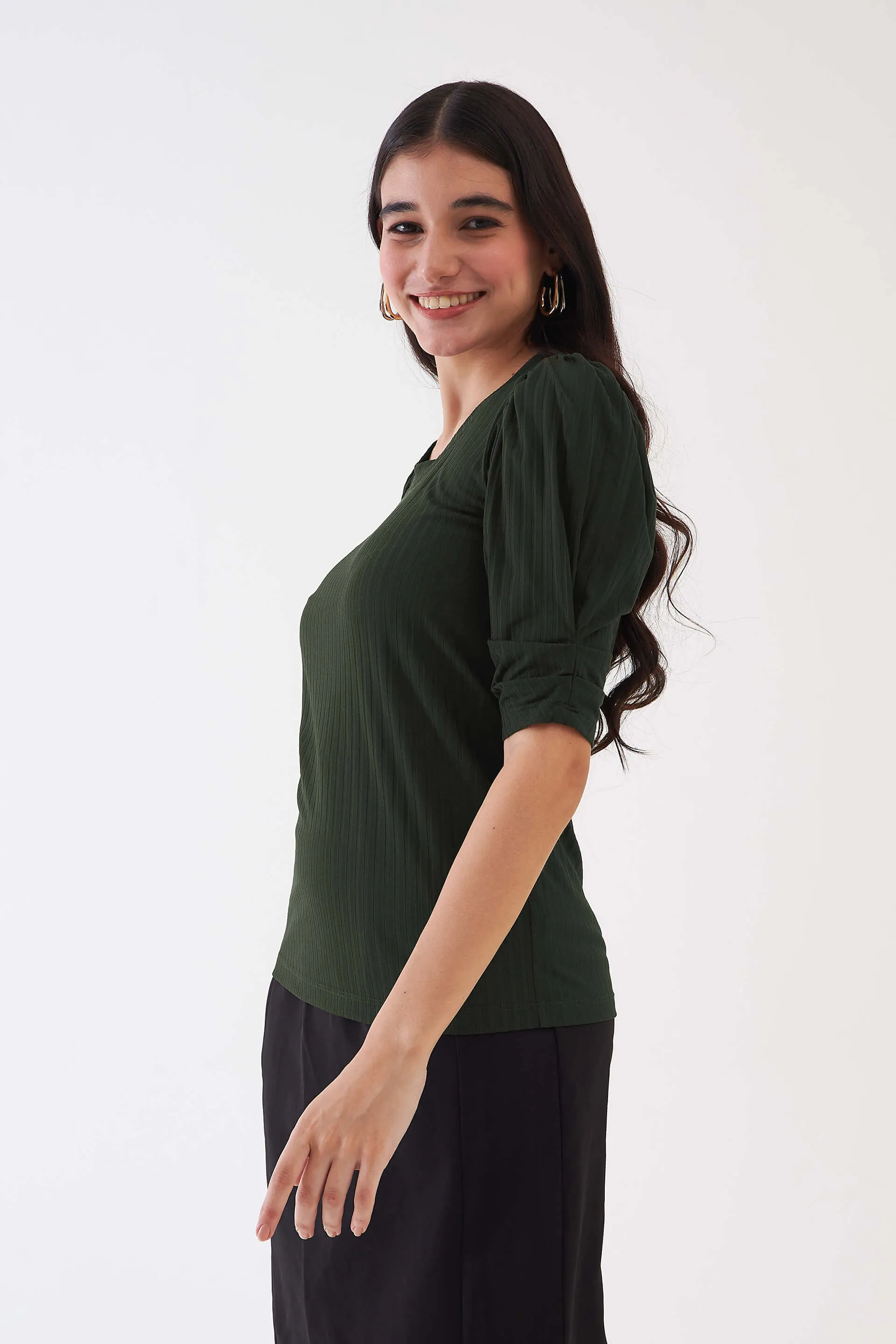Hallie Rib Knit Puffed Sleeves Top - Olive Green sold by Salt Attire product image thumbnail 2