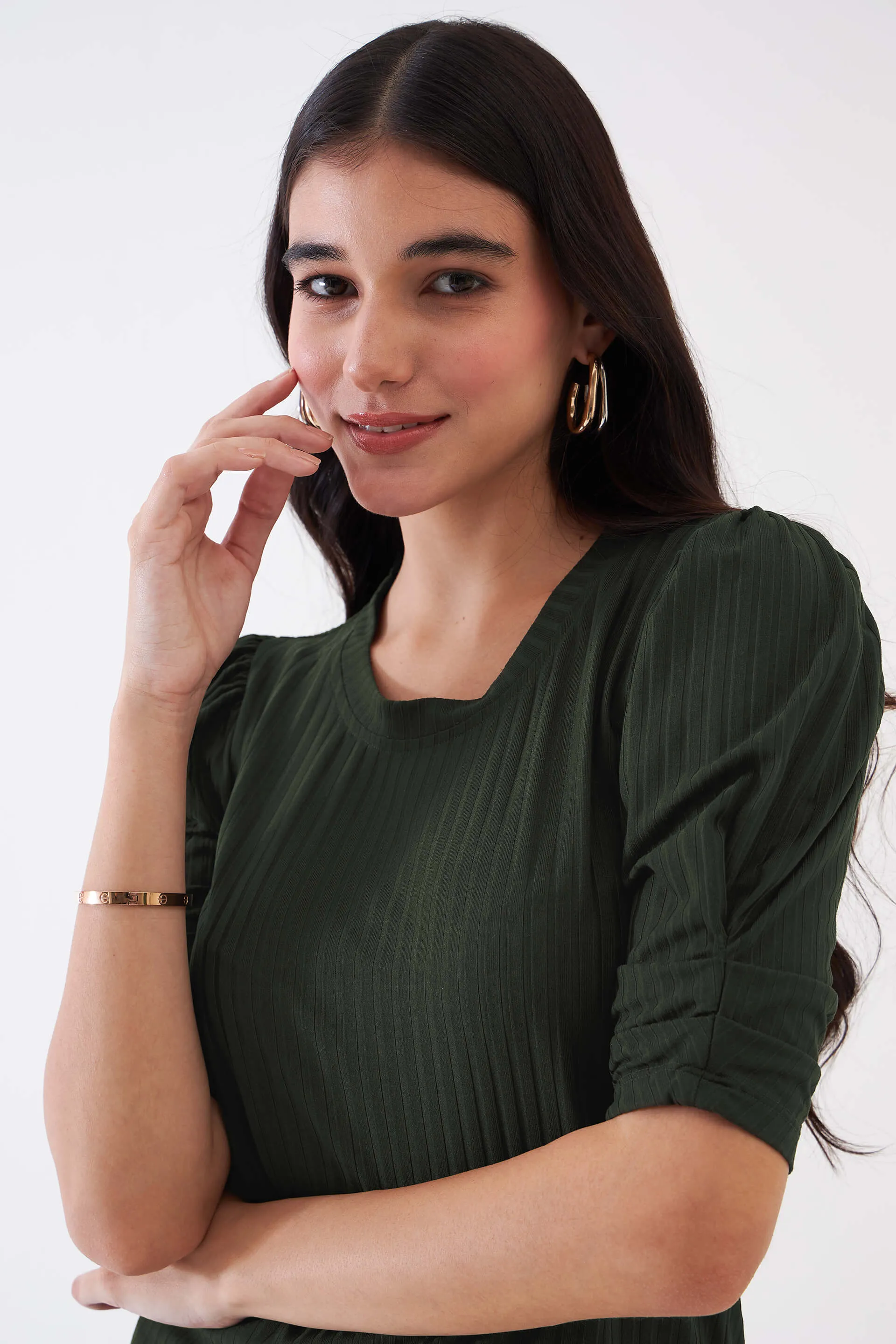 Hallie Rib Knit Puffed Sleeves Top - Olive Green sold by Salt Attire product image thumbnail 4