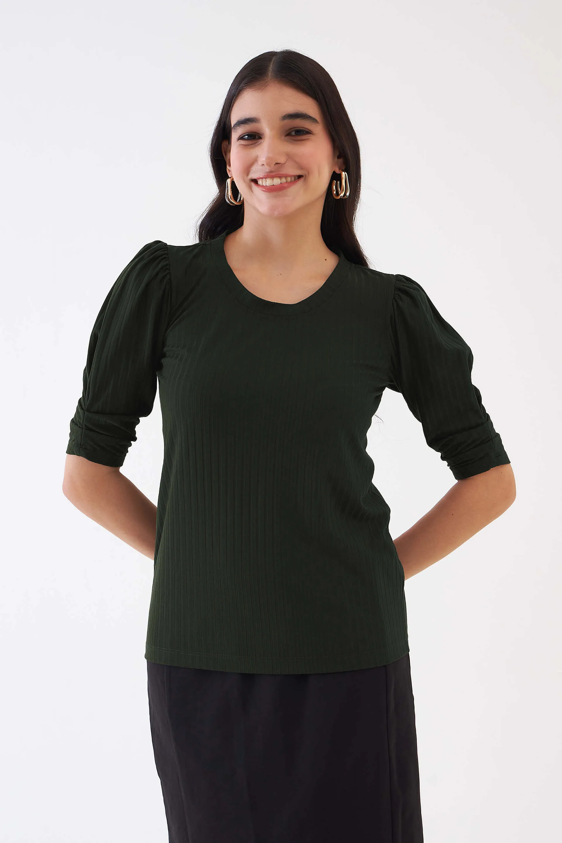Hallie Rib Knit Puffed Sleeves Top - Olive Green sold by Salt Attire