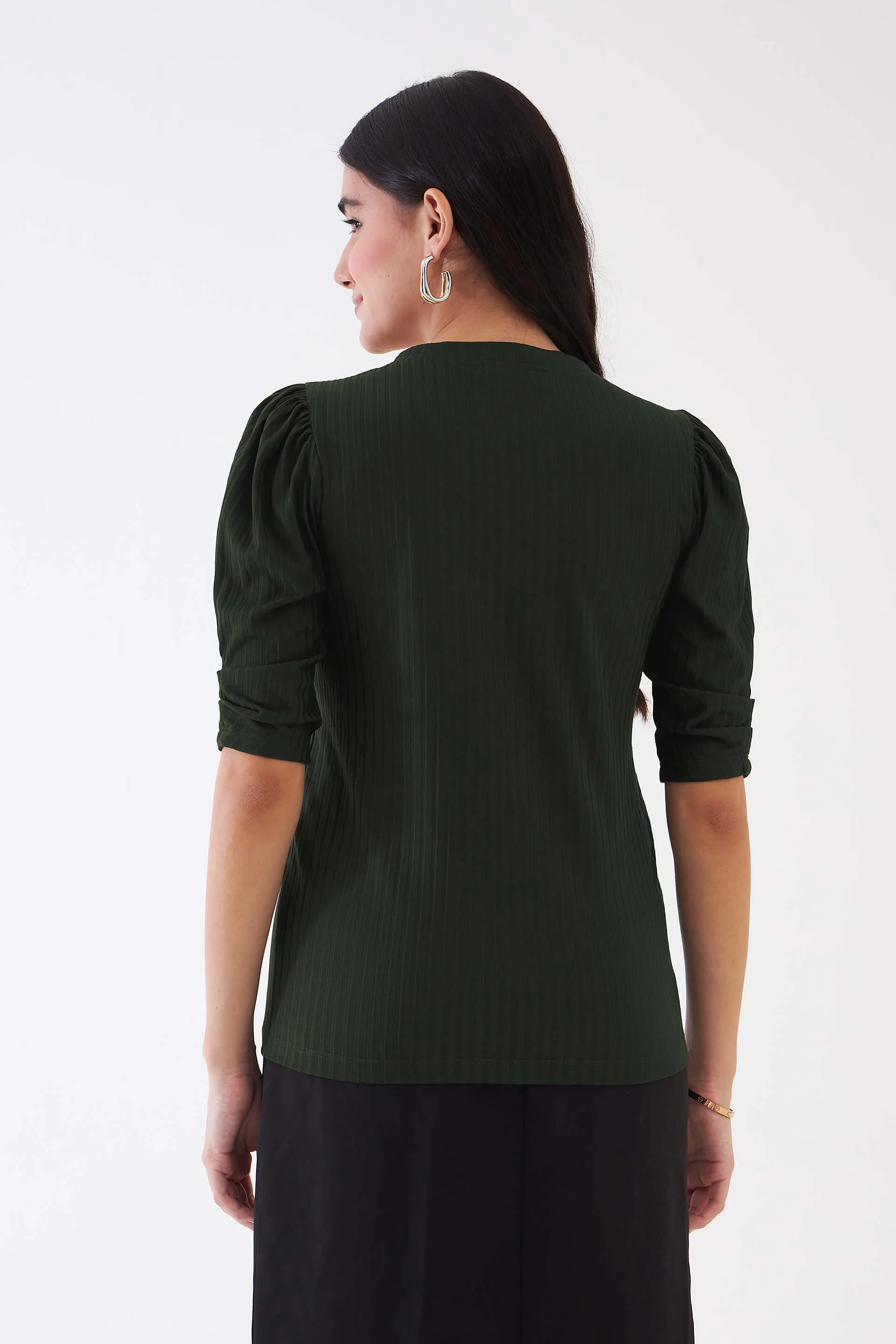 Hallie Rib Knit Puffed Sleeves Top - Olive Green sold by Salt Attire product image thumbnail 3