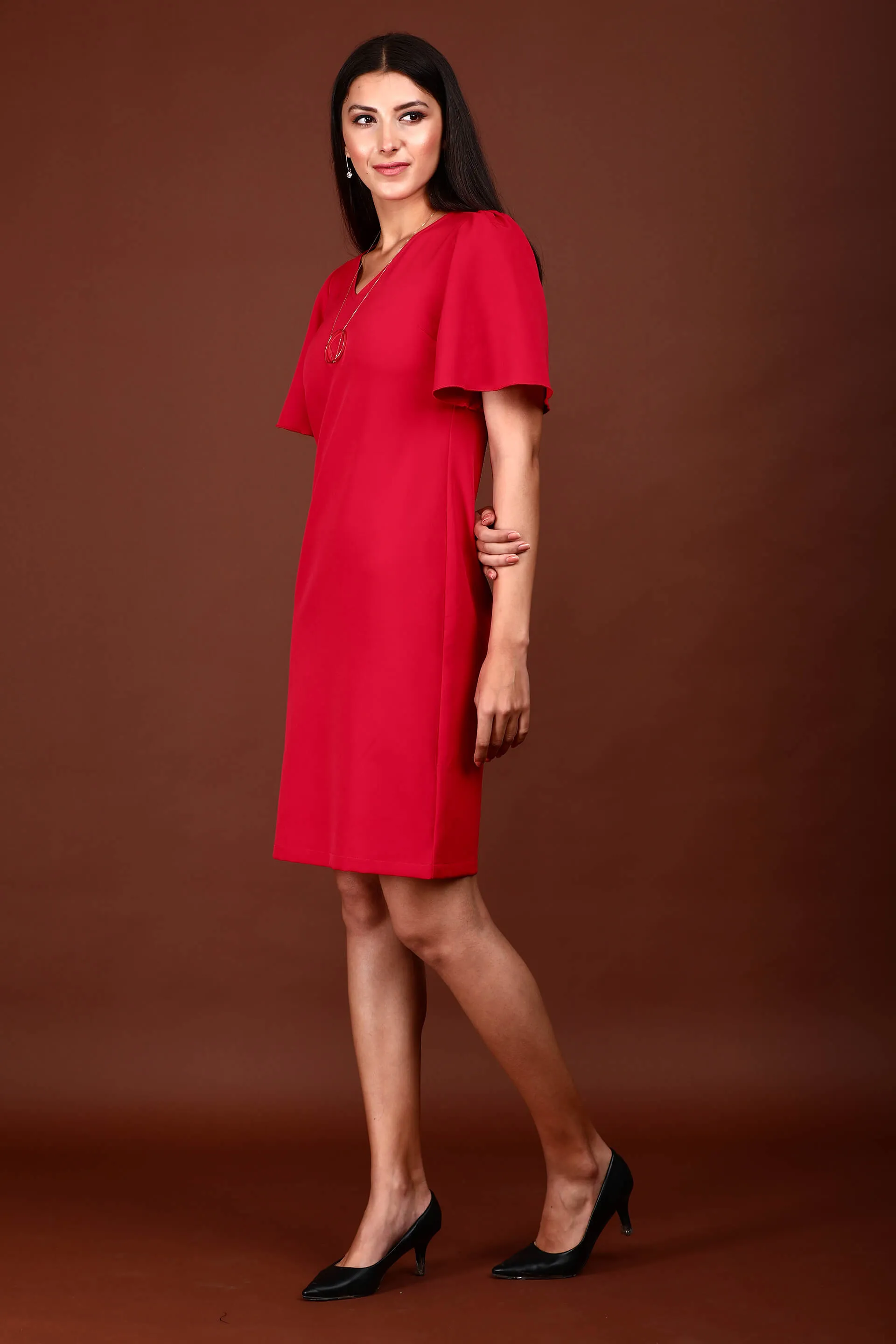 Evelyn Formal-Casual Flutter Sleeve Shift Dress - Red sold by Salt Attire product image thumbnail 2