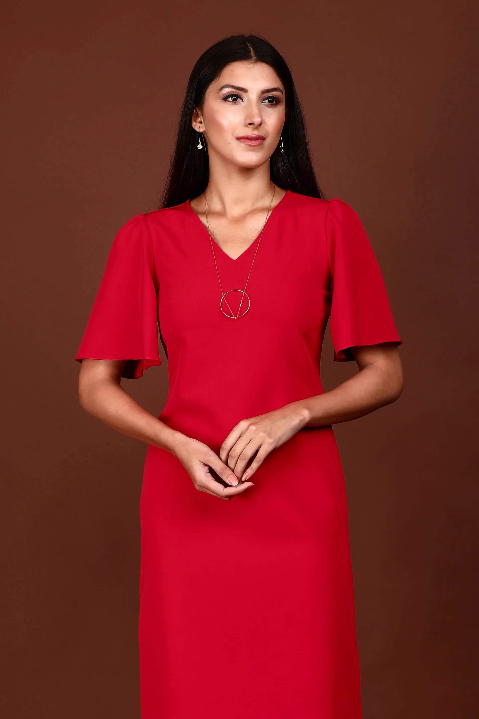 Evelyn Formal-Casual Flutter Sleeve Shift Dress - Red sold by Salt Attire product image thumbnail 4