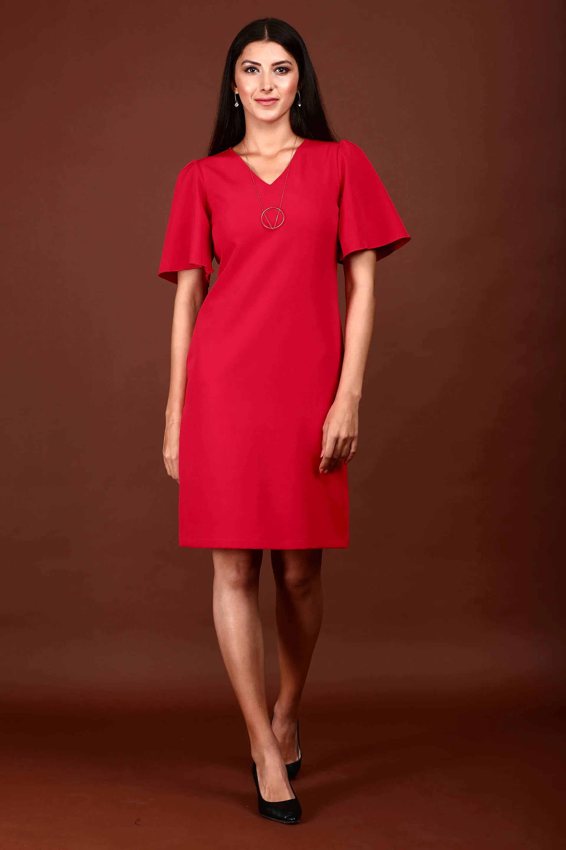 Evelyn Formal-Casual Flutter Sleeve Shift Dress - Red sold by Salt Attire