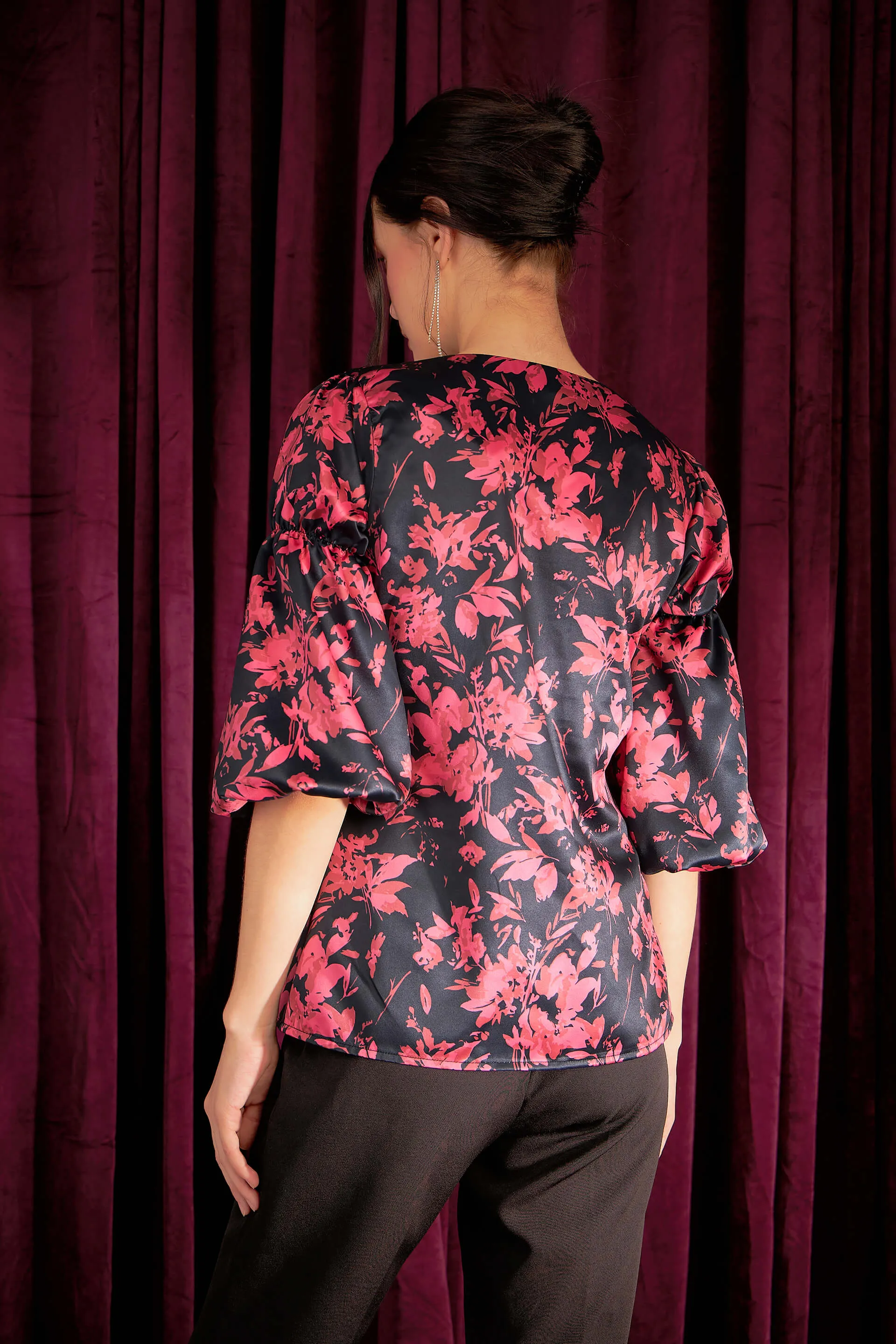 Ambrosia Floral Gathered Sleeves Top - Black/Pink sold by Salt Attire product image thumbnail 3