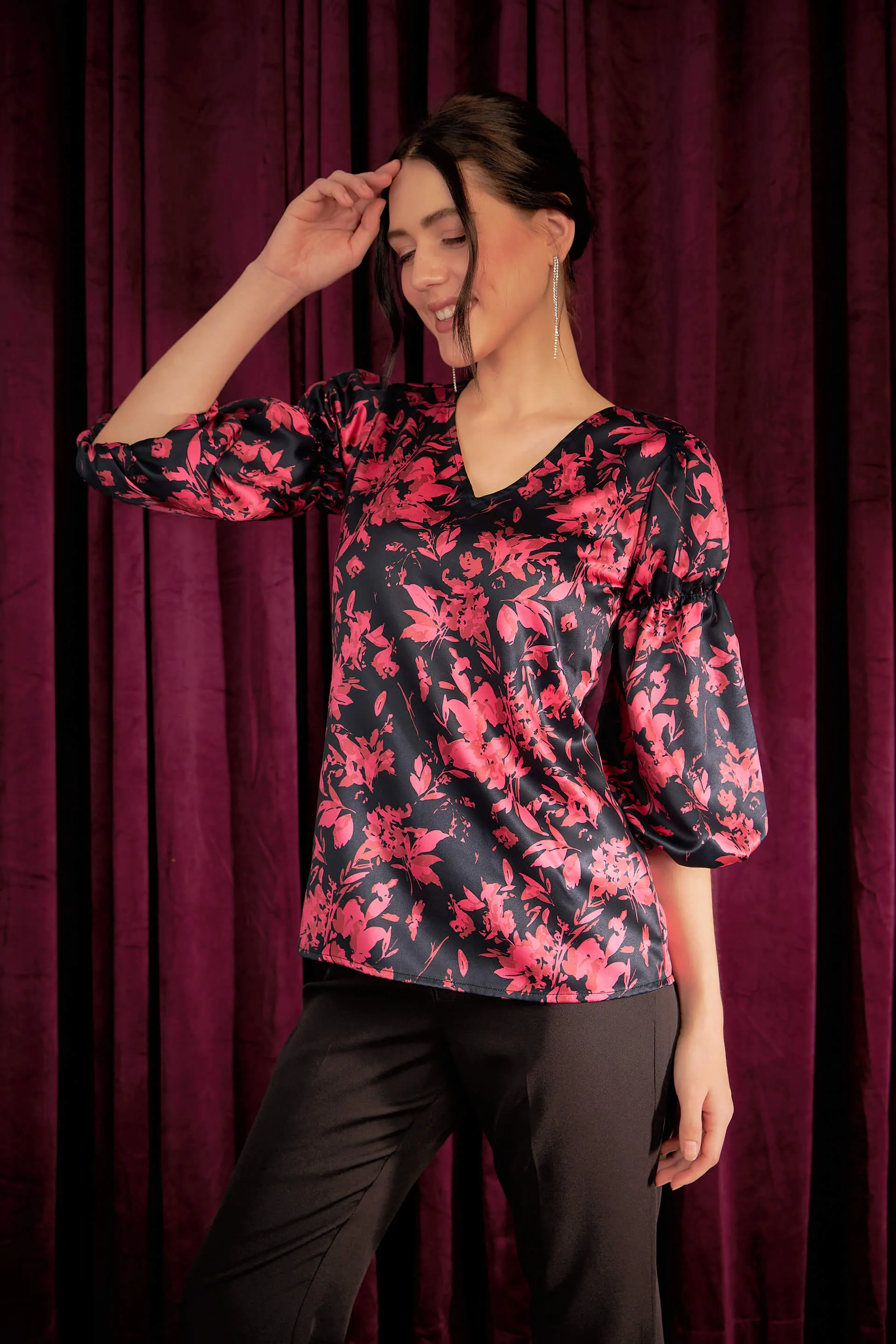 Ambrosia Floral Gathered Sleeves Top - Black/Pink sold by Salt Attire product image thumbnail 2