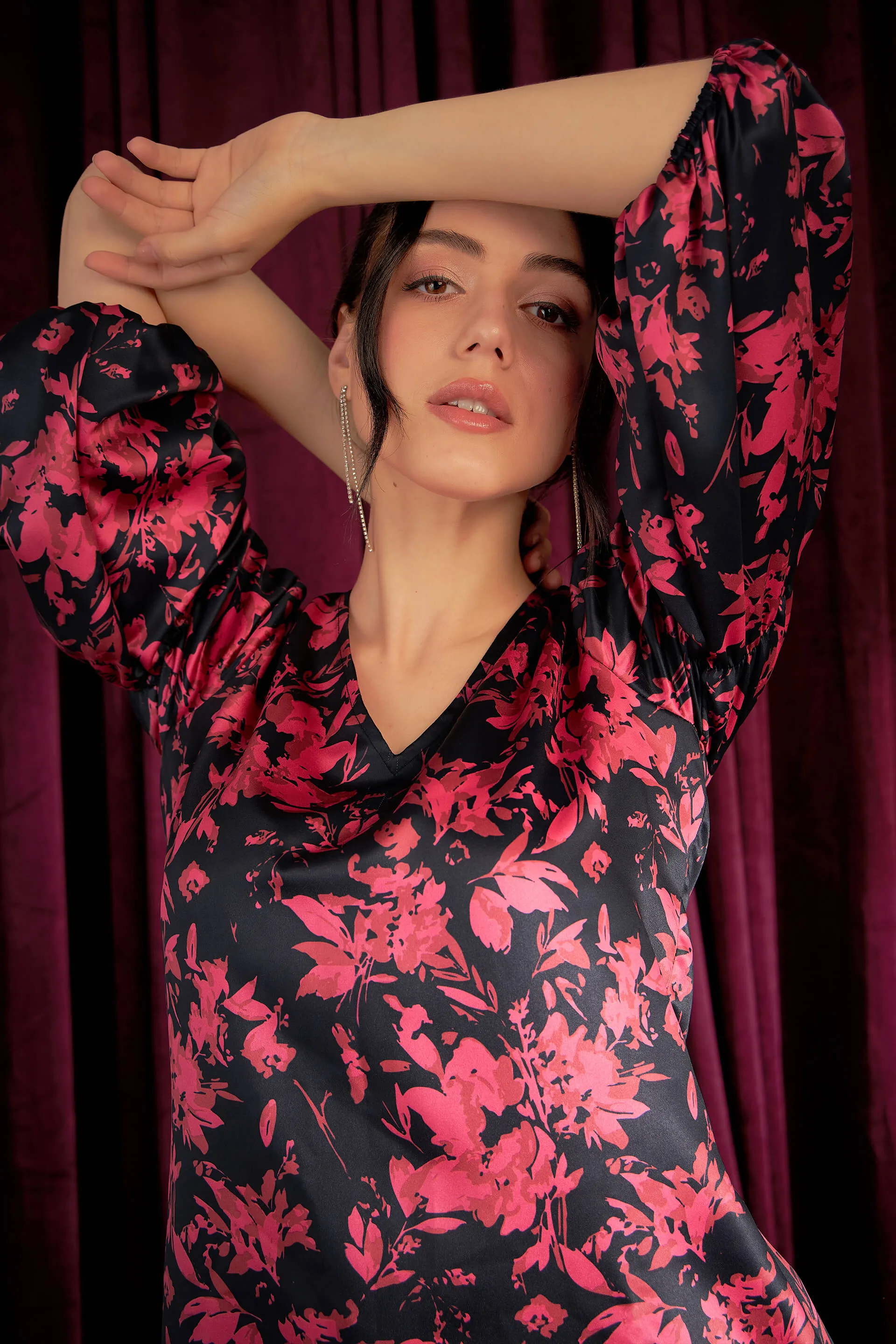 Ambrosia Floral Gathered Sleeves Top - Black/Pink sold by Salt Attire product image thumbnail 4