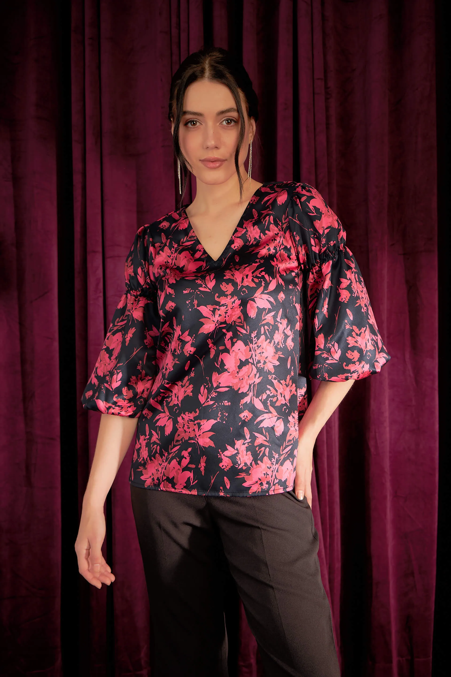 Ambrosia Floral Gathered Sleeves Top - Black/Pink sold by Salt Attire