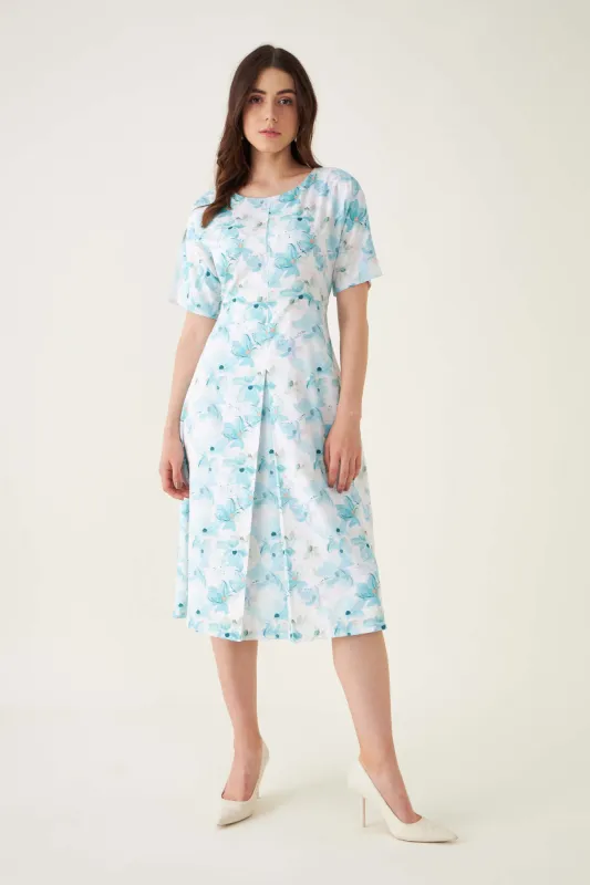Alicia Floral Front Pleated Dress - Blue/White sold by Salt Attire