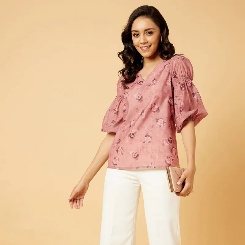 Gulbaag Floral Gathered Sleeves Top - Pink sold by Salt Attire