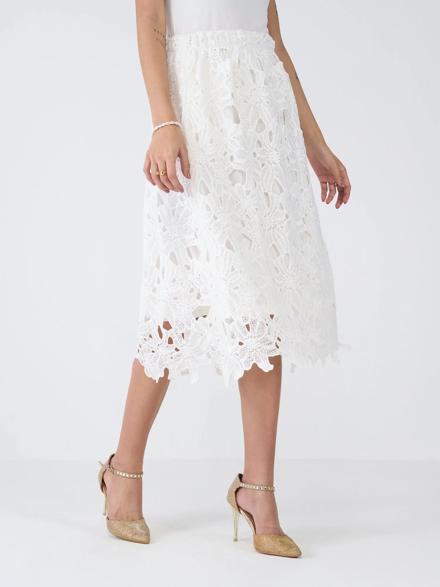 Snow Lily A-Line Lace Skirt-Ivory sold by Salt Attire