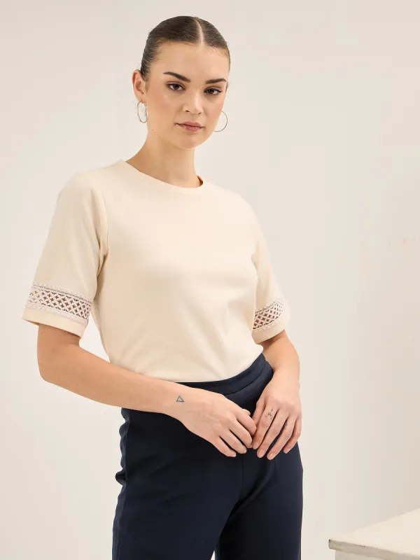 Eyelet Tee-Off White Lace Insert T-Shirt - Off White sold by Salt Attire