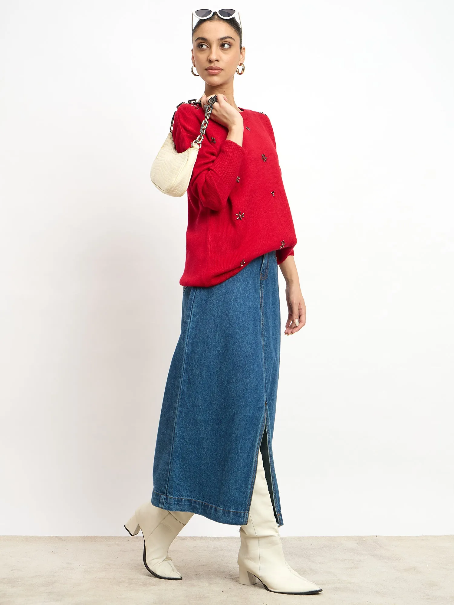Perla Embellished Round Neck Sweater - Red sold by Salt Attire product image thumbnail 5