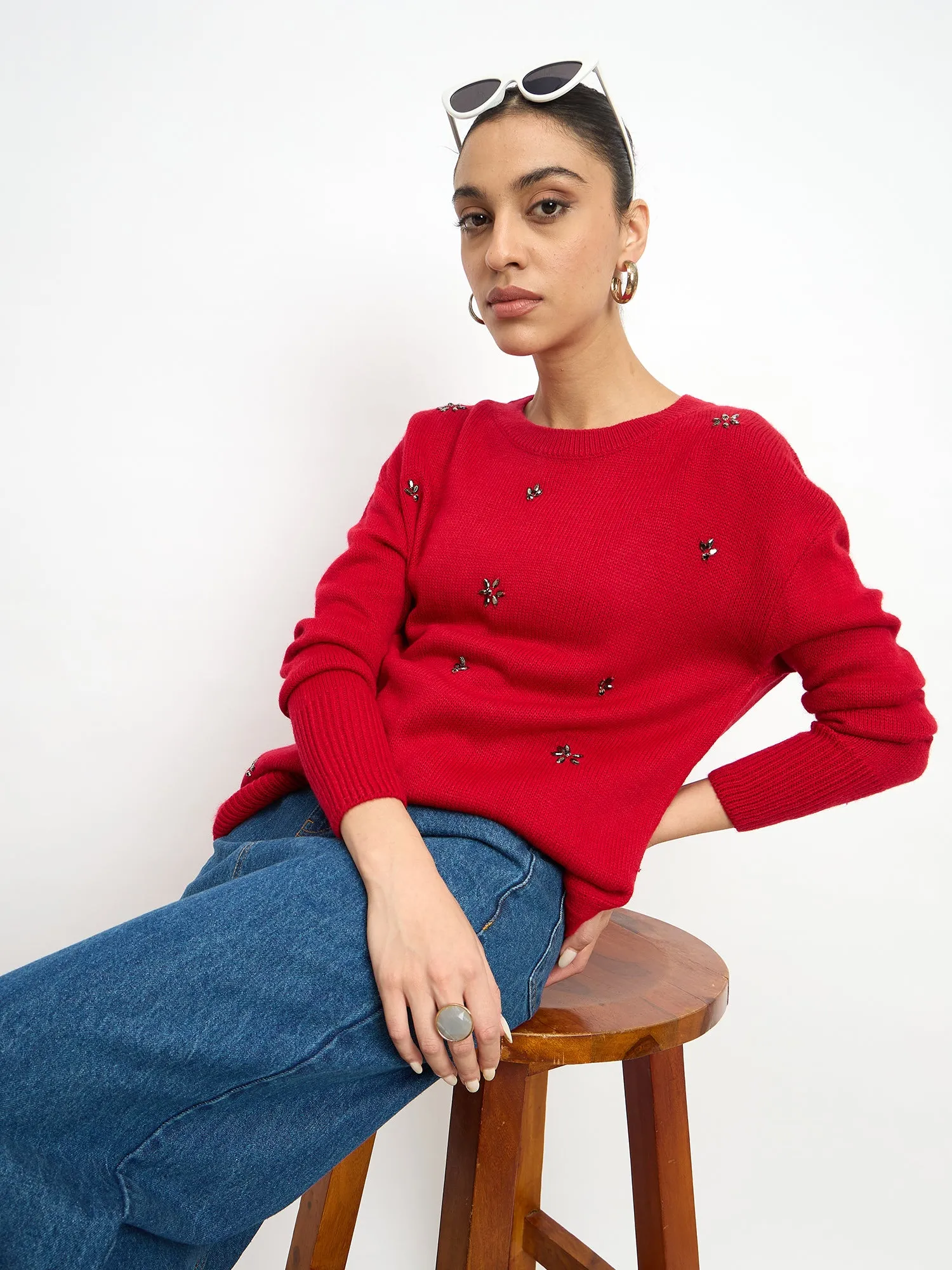 Perla Embellished Round Neck Sweater - Red sold by Salt Attire product image thumbnail 2