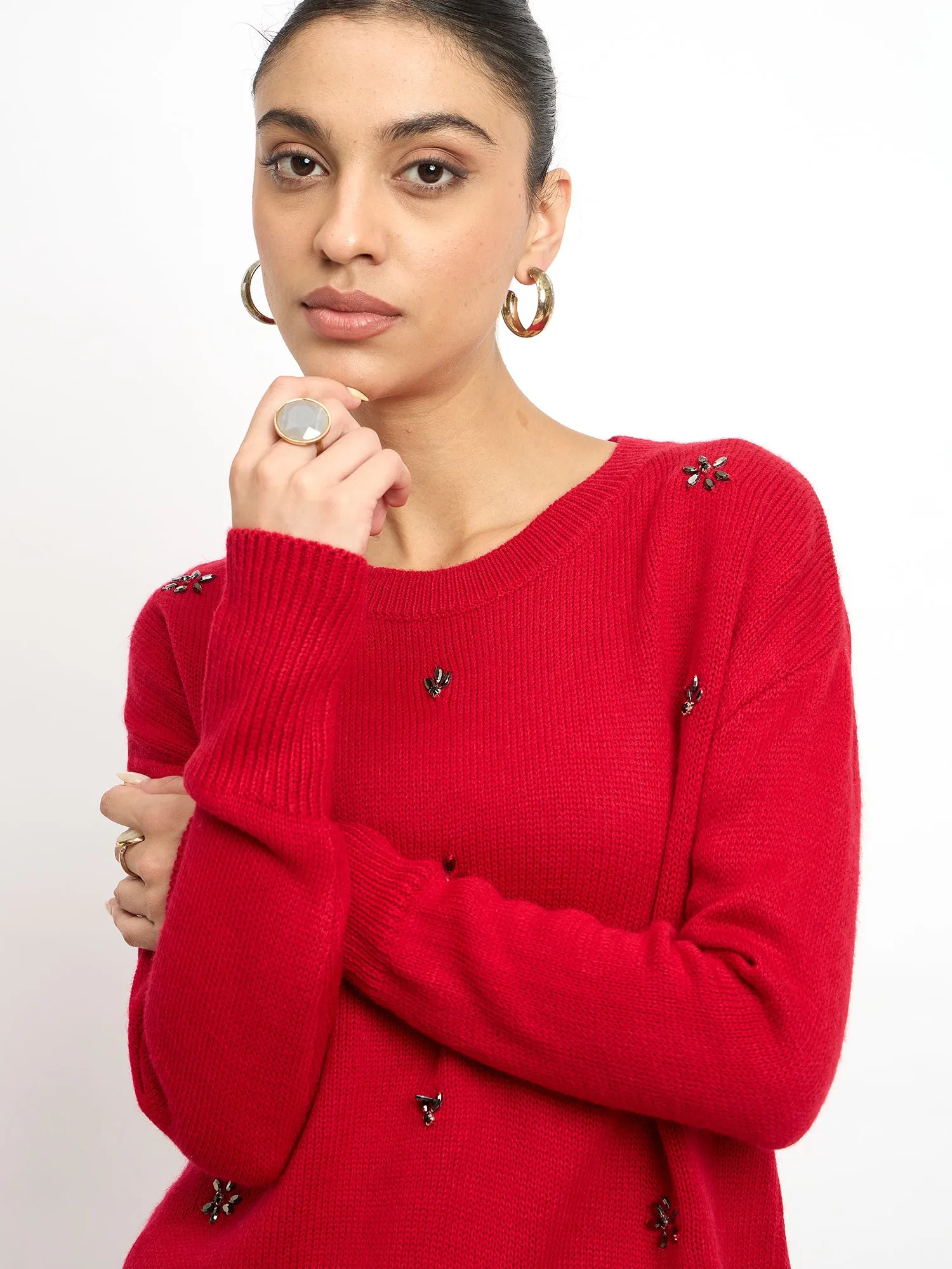 Perla Embellished Round Neck Sweater - Red sold by Salt Attire product image thumbnail 3