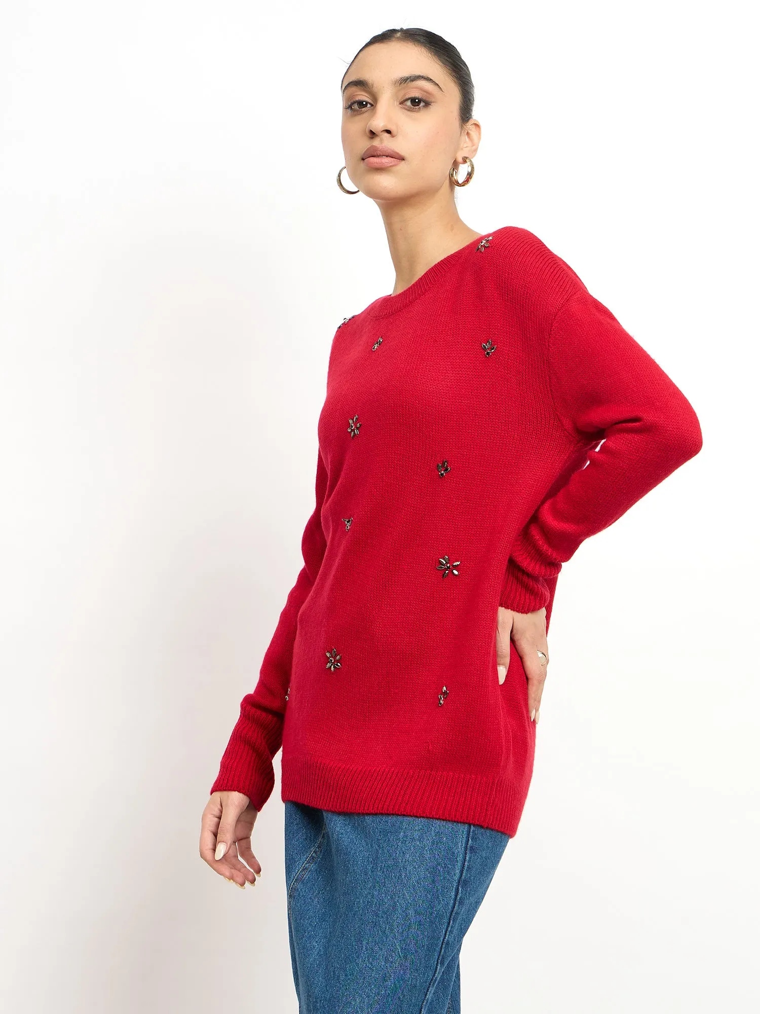 Perla Embellished Round Neck Sweater - Red sold by Salt Attire product image thumbnail 4