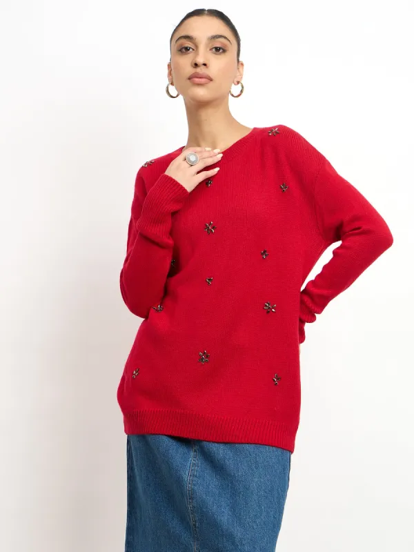 Perla Embellished Round Neck Sweater - Red sold by Salt Attire