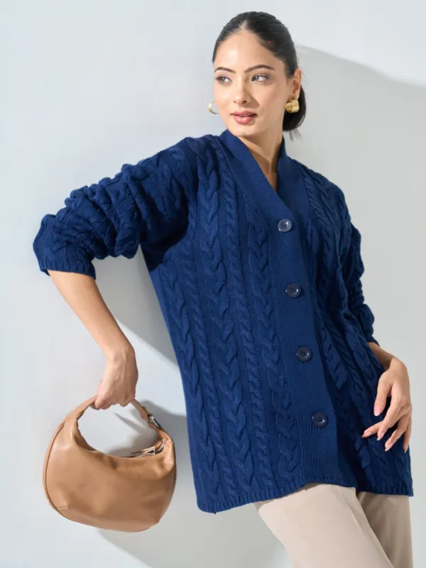 Nordic-Navy Cable Knit Cardigan - Navy sold by Salt Attire