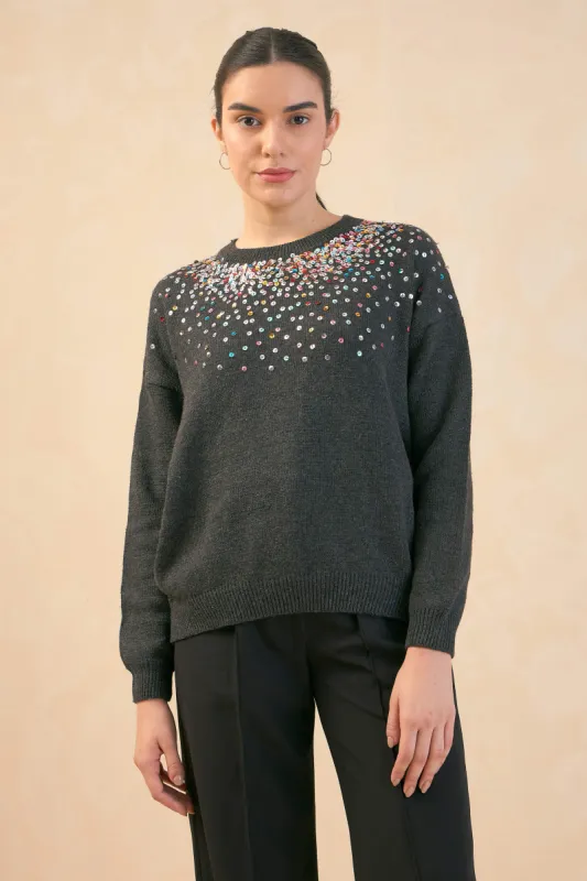 Estella Sequin Embellished Sweater - Dark Grey sold by Salt Attire