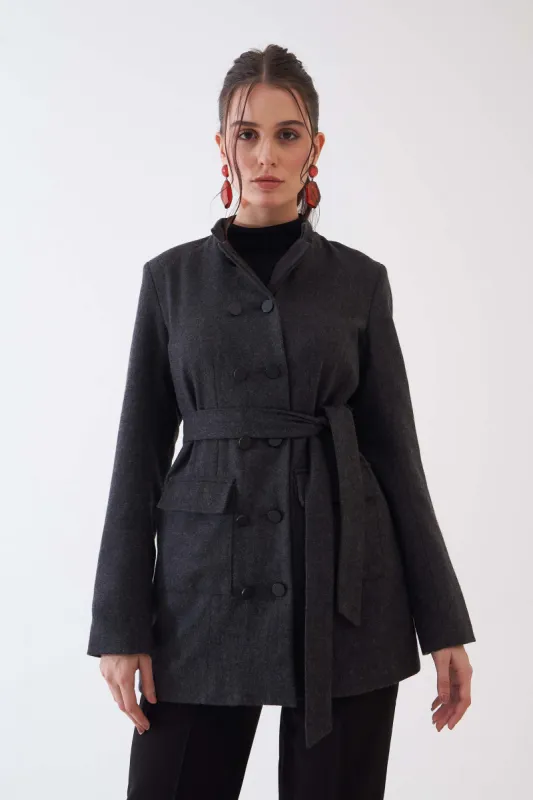 Elvira Belted Button Embellished Blazer - Grey sold by Salt Attire