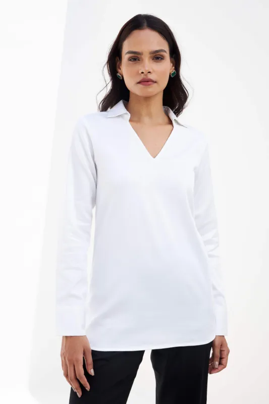 Allure-White Collared Long Top - White sold by Salt Attire