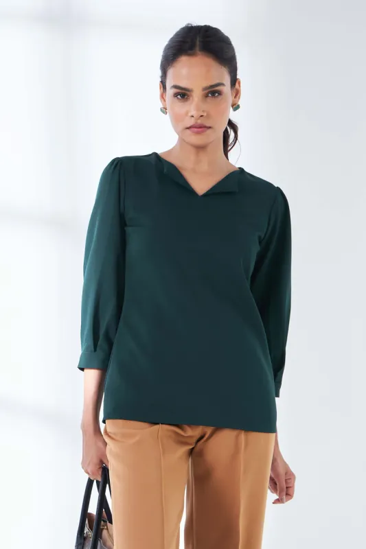 Modish Puffed Sleeves Top - Dark Green sold by Salt Attire